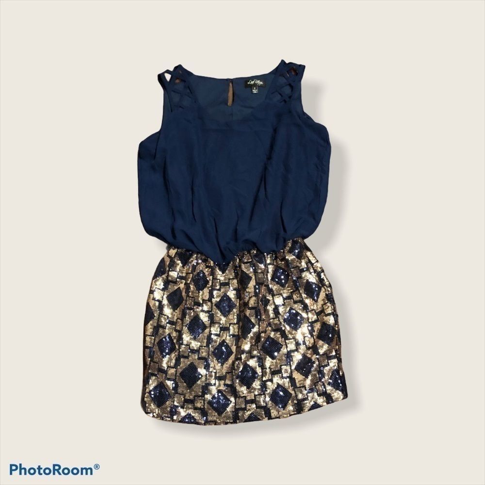 Love Reign Sequin bottom dress Blue & Gold Midi S